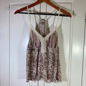 ecote Crochet Trim Tank Top Sleeveless Casual Boho Festival Brown‎ Size M